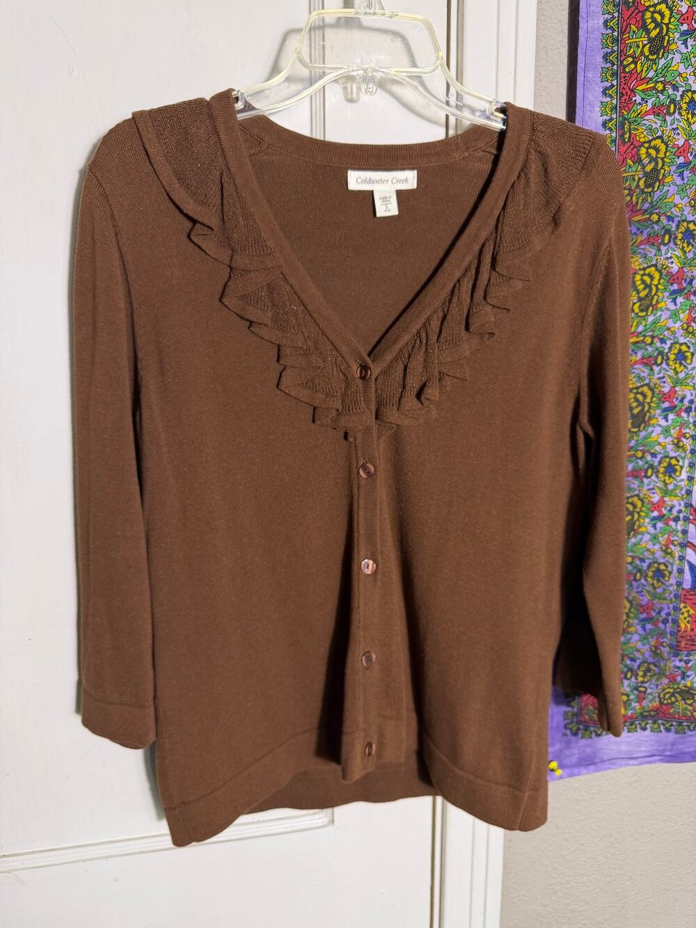 Coldwater Creek Womens S Brown Ruffle Cardigan Cotton Blend Button Sweater
